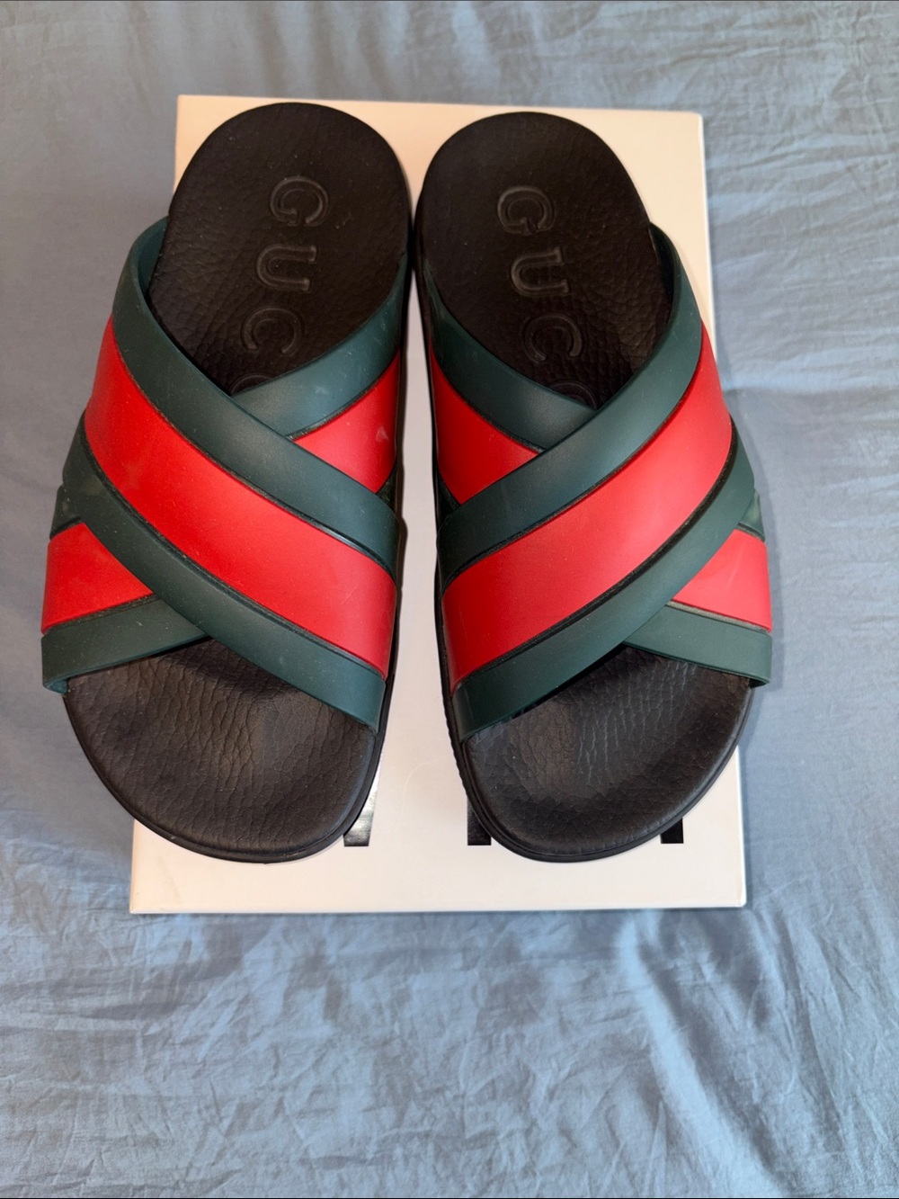 Gucci Black Footbed Red and Green Crisscross Slide Sandals